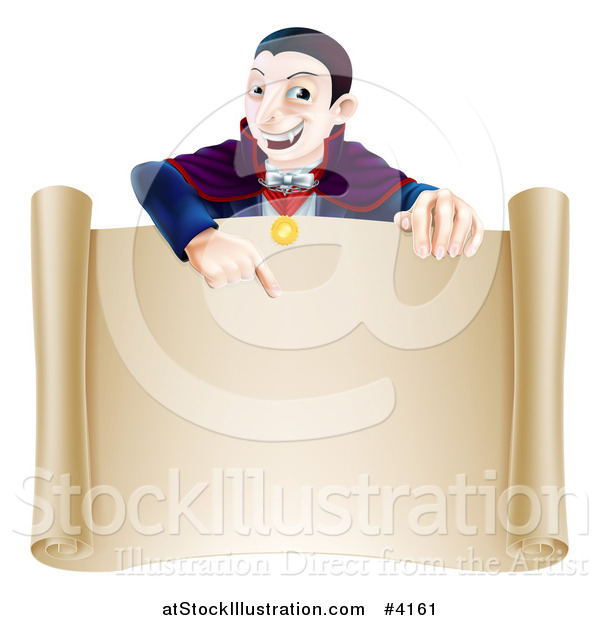 Vector Illustration of a Vampire Pointing down at a Sign Scroll