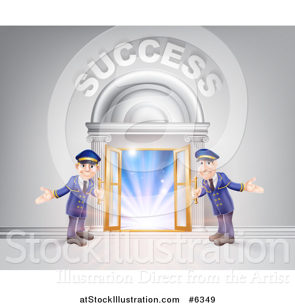 Vector Illustration of a Venue Entrance with Welcoming Doormen and Success Text over Light