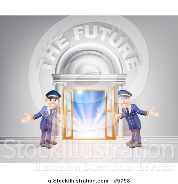 Vector Illustration of a Venue Entrance with Welcoming Friendly Doormen and the Future Text