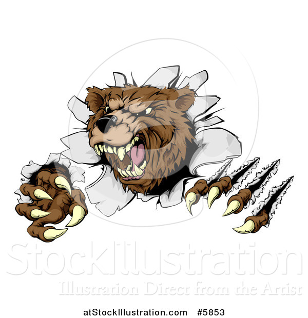 Vector Illustration of a Vicious Aggressive Bear Mascot Slashing Through a Wall