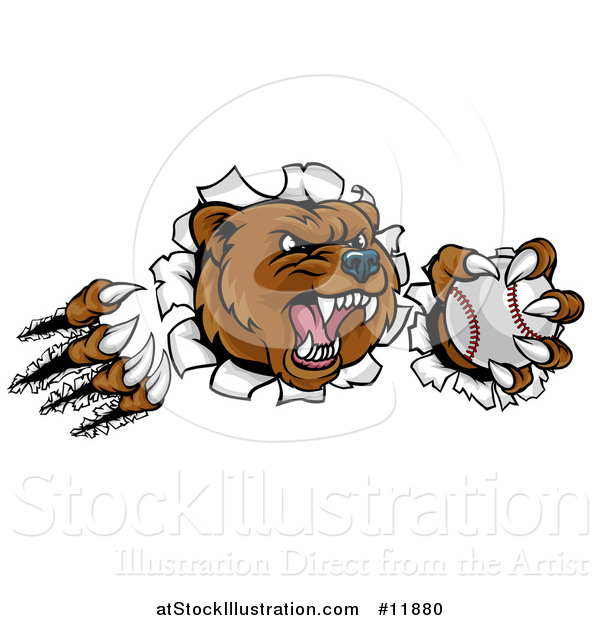 Vector Illustration of a Vicious Aggressive Bear Mascot Slashing Through a Wall with a Baseball in a Paw