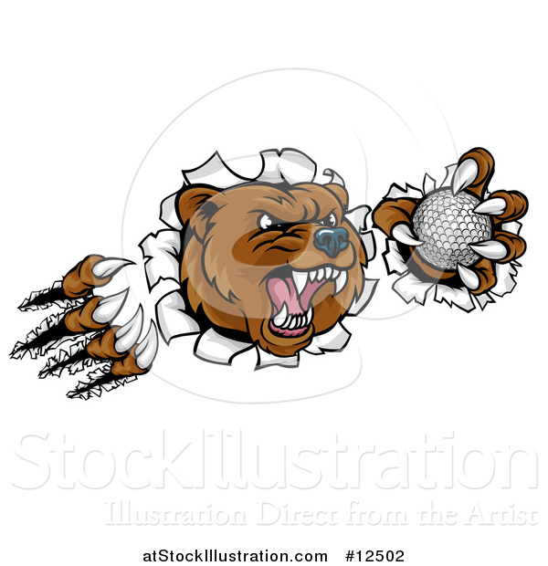 Vector Illustration of a Vicious Aggressive Bear Mascot Slashing Through a Wall with a Golf Ball in a Paw