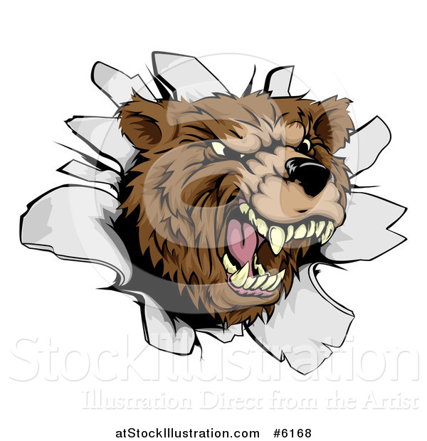 Vector Illustration of a Vicious Aggressive Roaring Bear Mascot Breaking Through a Wall