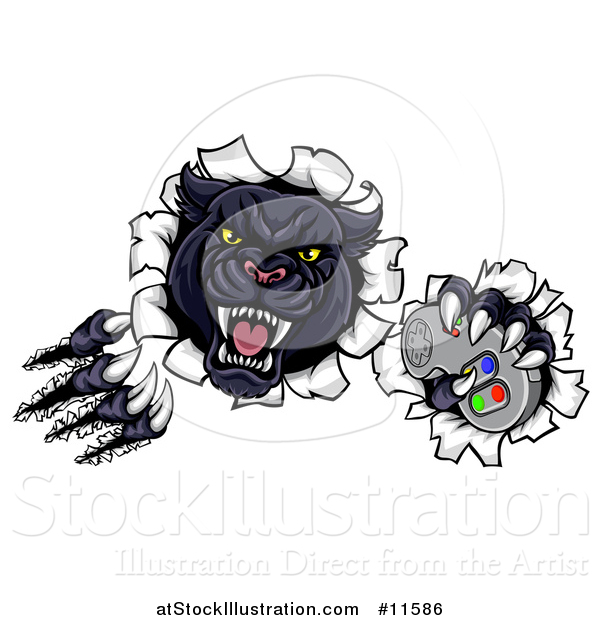 Vector Illustration of a Vicious Black Panther Shredding Through a Wall with a Video Game Controller in One Paw