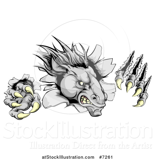 Vector Illustration of a Vicious Gray Horse Stallion Monster Breaking Through a Wall with Claws