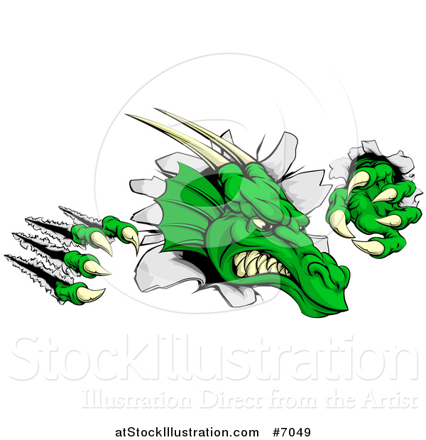 Vector Illustration of a Vicious Green Dragon Mascot Head Shredding Through a Wall