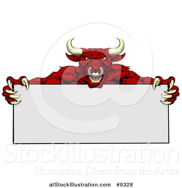 Vector Illustration of a Vicious Mad Brown Bull Mascot with Claws, Holding a Blank Sign