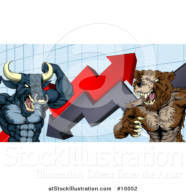 Vector Illustration of a Vicious Muscular Brown Bear Man and Bull Ready to Fight over a Graph with Arrows