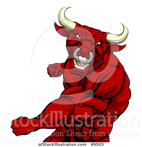 Vector Illustration of a Vicious Muscular Red Bull Man or Minotaur Mascot Punching