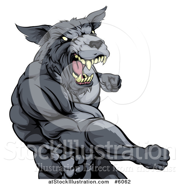 Vector Illustration of a Vicious Muscular Wolf Man Punching