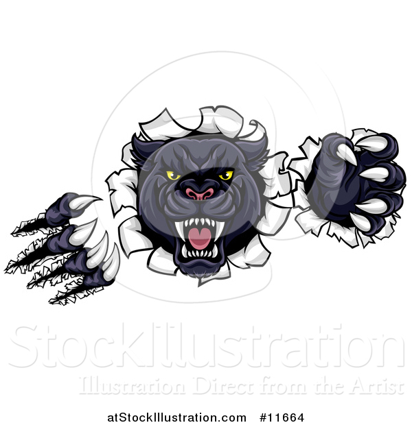 Vector Illustration of a Vicious Roaring Black Panther Mascot Shredding Through a Wall