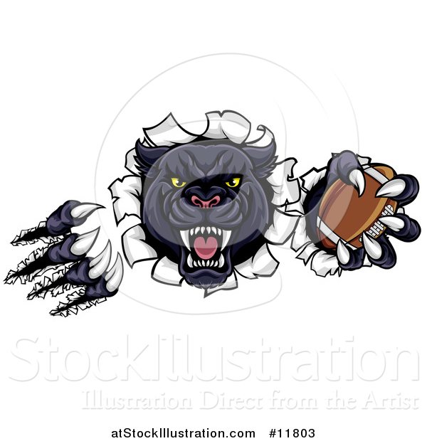 Vector Illustration of a Vicious Roaring Black Panther Mascot Shredding Through a Wall with a Football