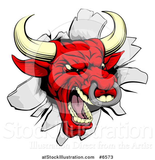 Vector Illustration of a Vicious Snarling Aggressive Red Bull Breaking Through a Wall
