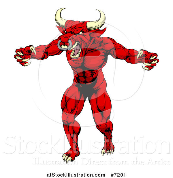 Vector Illustration of a Vicious Snarling Red Bull Man Minotaur Monster Mascot Attacking