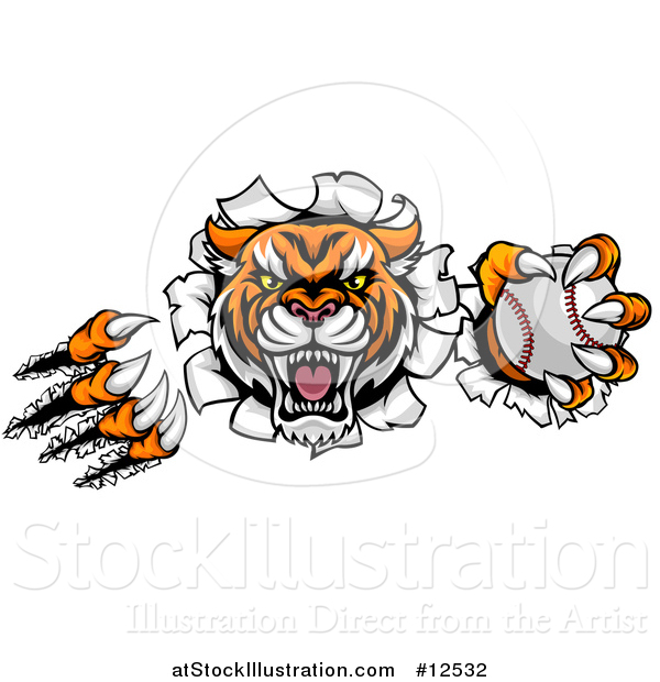 Vector Illustration of a Vicious Tiger Mascot Slashing Through a Wall with a Baseball