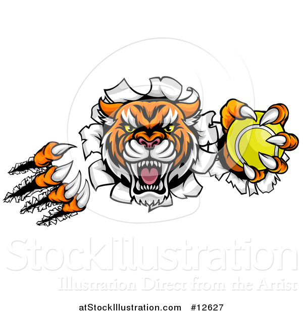 Vector Illustration of a Vicious Tiger Mascot Slashing Through a Wall with a Tennis Ball