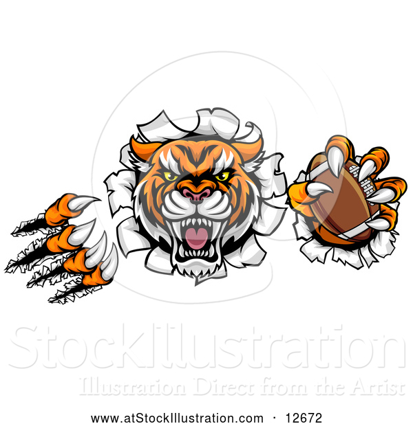 Vector Illustration of a Vicious Tiger Mascot Slashing Through a Wall with an American Football