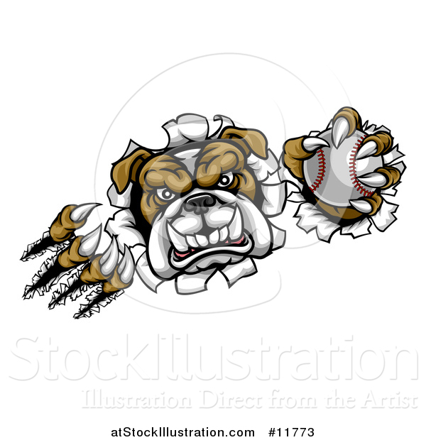 Vector Illustration of a Vicious Tough Bulldog Monster Shredding Through a Wall with a Baseball in One Hand