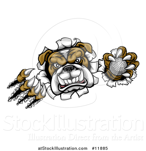 Vector Illustration of a Vicious Tough Bulldog Monster Shredding Through a Wall with a Golf Ball in One Hand