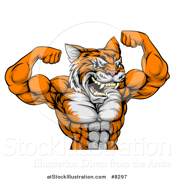 Vector Illustration of a Vicious Tough Tiger Man Flexing His Big Muscles
