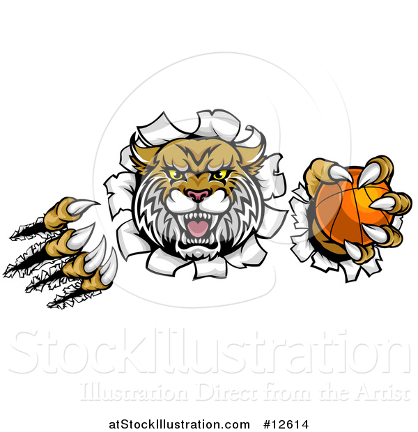 Vector Illustration of a Vicious Wildcat Mascot Shredding Through a Wall with a Basketball