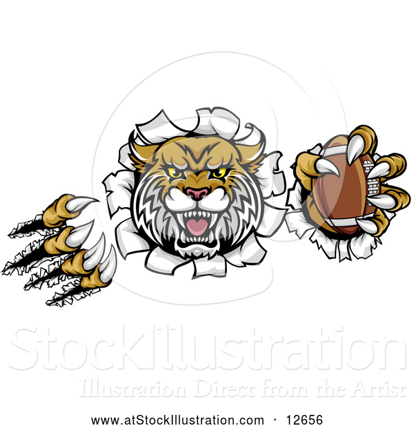 Vector Illustration of a Vicious Wildcat Mascot Shredding Through a Wall with a Football