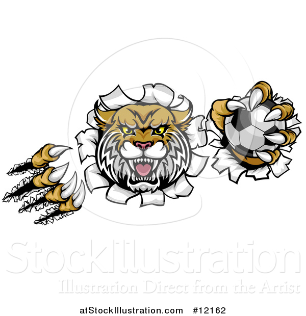 Vector Illustration of a Vicious Wildcat Mascot Shredding Through a Wall with a Soccer Ball