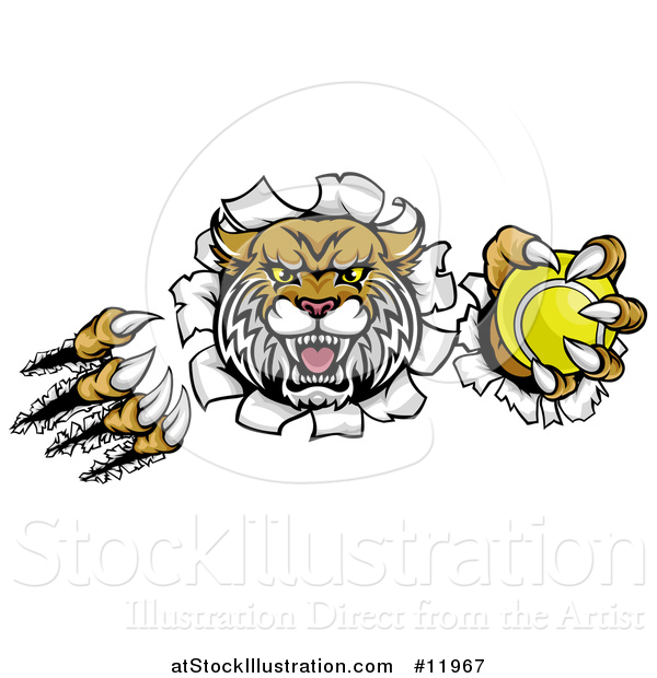 Vector Illustration of a Vicious Wildcat Mascot Shredding Through a Wall with a Tennis Ball