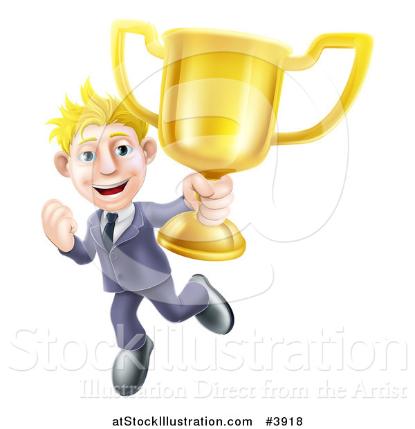 Vector Illustration of a Victorious Blond Businessman Holding a Trophy Cup