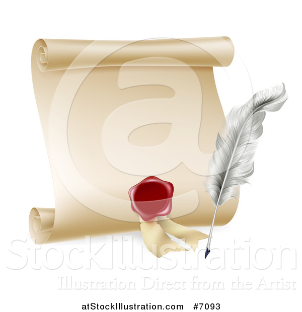 Vector Illustration of a Vintage Feather Quill Pen, Wax Seal and Blank Scroll