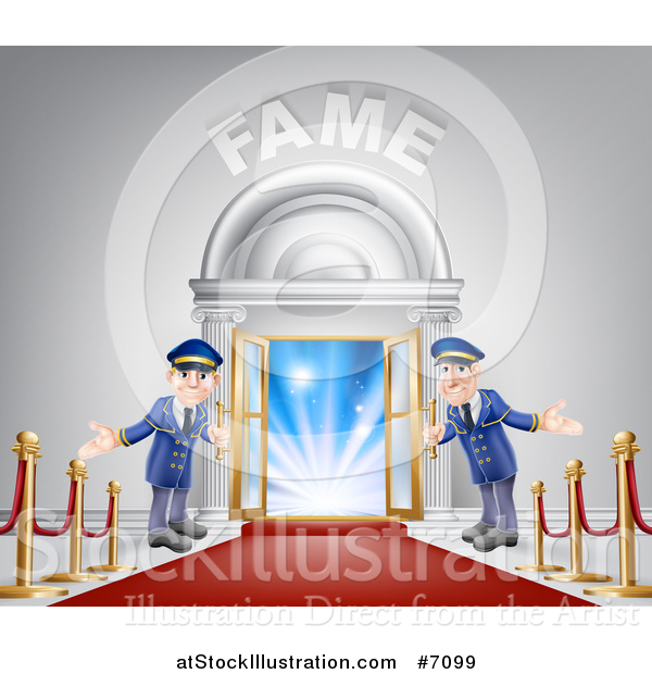Vector Illustration of a VIP Venue Entrance with Welcoming Friendly Doormen, Red Carpet, Posts and Fame Text