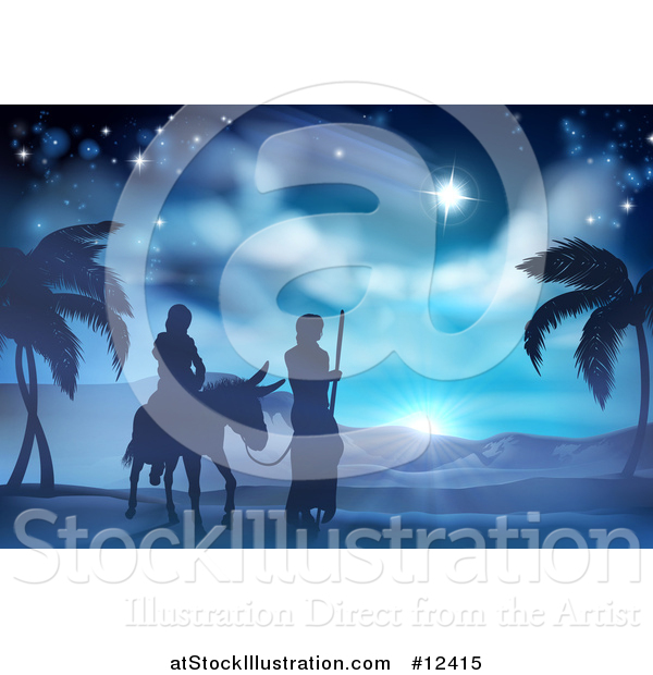 Vector Illustration of a Virgin Mary on a Donkey and Joseph Silhouetted on Their Journey