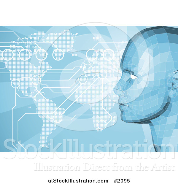 Vector Illustration of a Virtual Face and Atlas Map with Connections