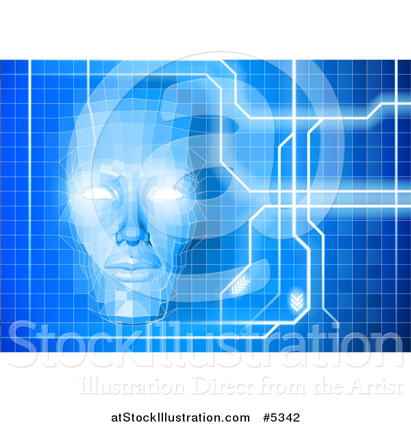 Vector Illustration of a Virtual Face Emerging from a Blue Grid