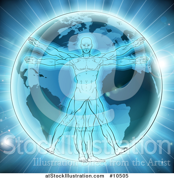 Vector Illustration of a Vitruvian Man over Earth, with Bright Light