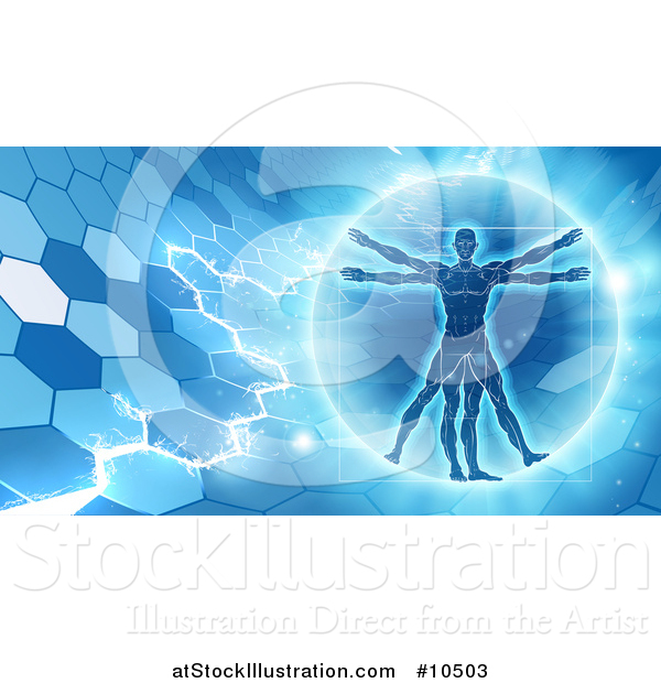 Vector Illustration of a Vitruvian over an Electric Blue Hexagon Background