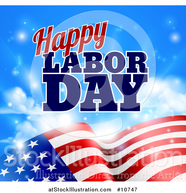 Vector Illustration of a Waving American Flag with Flares Under Happy Labor Day Text