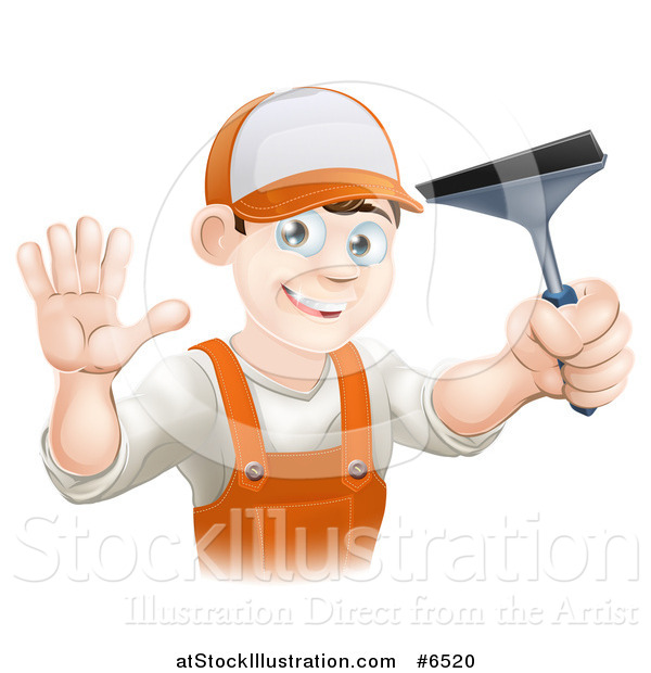 Vector Illustration of a Waving Brunette Caucasian Window Cleaner Man in Orange Overalls, Holding a Squeegee