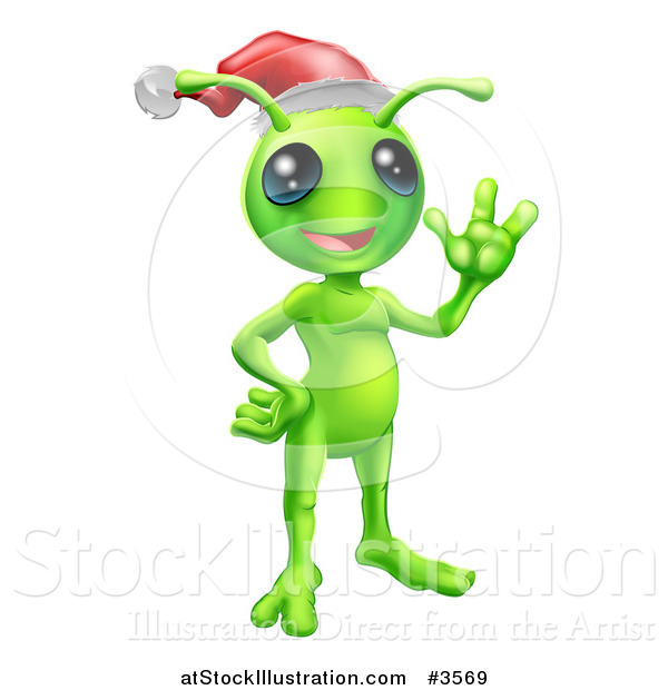 Vector Illustration of a Waving Christmas Alien Wearing a Santa Hat