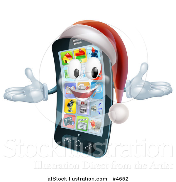 Vector Illustration of a Welcoming Christmas Smart Phone Mascot Wearing a Santa Hat