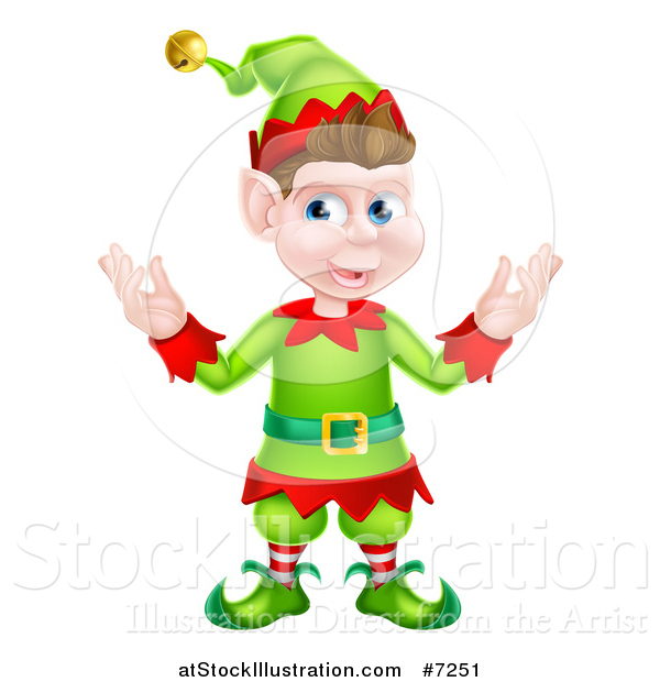 Vector Illustration of a Welcoming Young Brunette White Male Christmas Elf