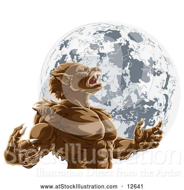 Vector Illustration of a Werewolf Man Howling Against Full Moon