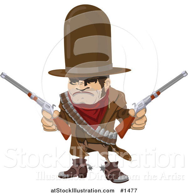 Vector Illustration of a Western Cowboy Bandit Wearing Bullets and Holding Two Pistils