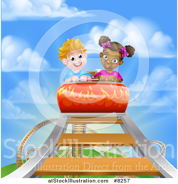 Vector Illustration of a White Boy and Black Girl on a Roller Coaster Ride, Against a Blue Sky with Clouds