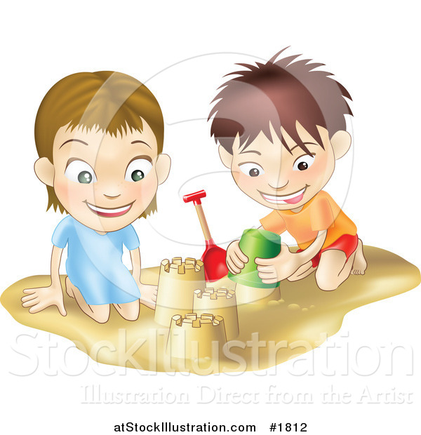 Vector Illustration of a White Boy and Girl Building Sand Castles Together