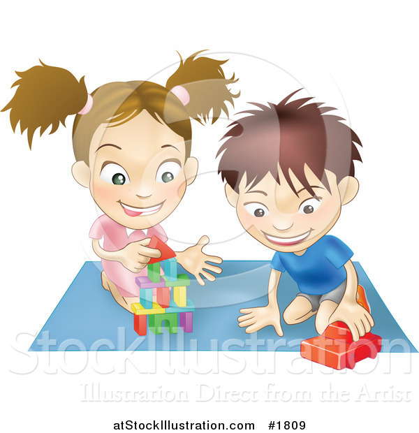 Vector Illustration of a White Boy and Girl Playing with Toys on a Floor Together