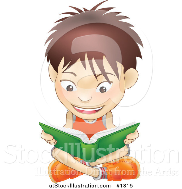 Vector Illustration of a White Boy Sitting on a Floor and Reading a Green Book