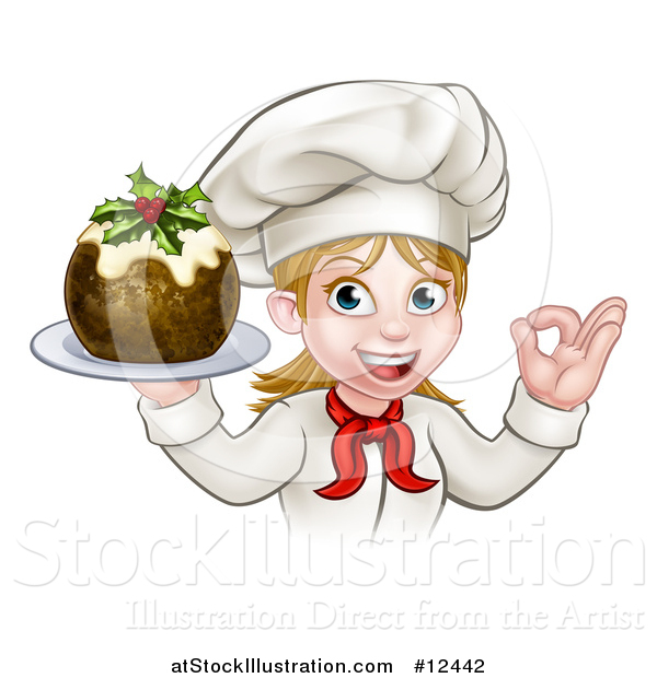 Vector Illustration of a White Female Chef Gesturing Ok and Holding a Christmas Pudding