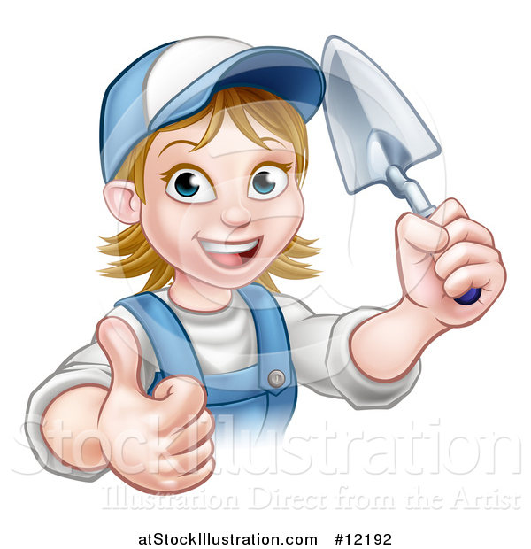 Vector Illustration of a White Female Mason Worker Holding a Trowel and Giving a Thumb up