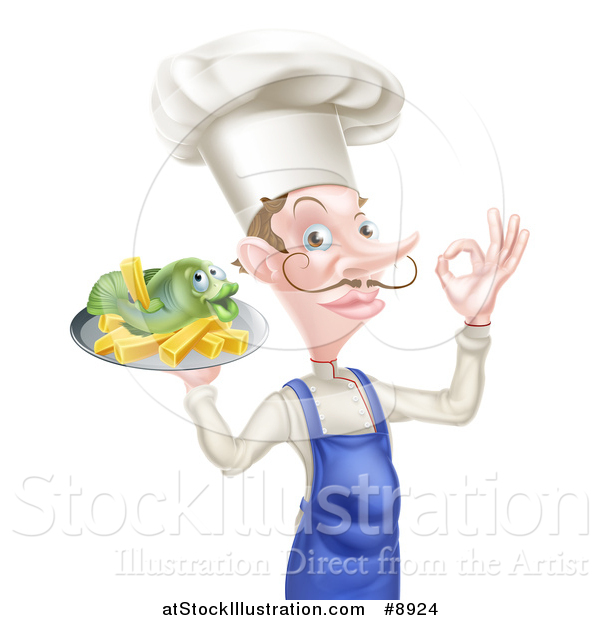 Vector Illustration of a White Male Chef with a Curling Mustache, Gesturing Ok and Holding a Fish and Chips on a Tray